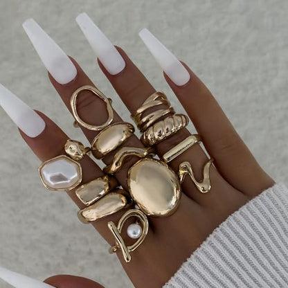 Gold Rings for Women Non Tarnish Stackable Rhinestone Moon Star Rings Dainty Stacking Pearl Butterfly Midi Pinky Thumb Joint Finger Knuckle Ring Set Gold Non Tarnish Jewelry Gifts Trendy Stuff - color: S Chunky Gold Rings 11Pcs