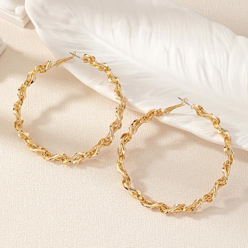 Twisted Rope Hoop Earrings for Women Chunky Big Large Hoop Earrings Minimalist Round Circle Huggie Hoops Earrings Gift - color: gold-tone