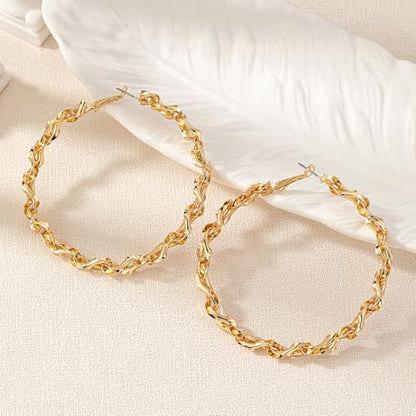 Twisted Rope Hoop Earrings for Women Chunky Big Large Hoop Earrings Minimalist Round Circle Huggie Hoops Earrings Gift - color: gold-tone