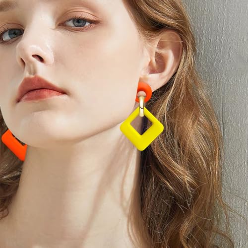 70s 80s Vintage Resin Neon Square Dangle Drop Earrings Simplicity Acrylic Hollow Round Circle Geometry Stud Earrings for Women - style: Yellow Orange