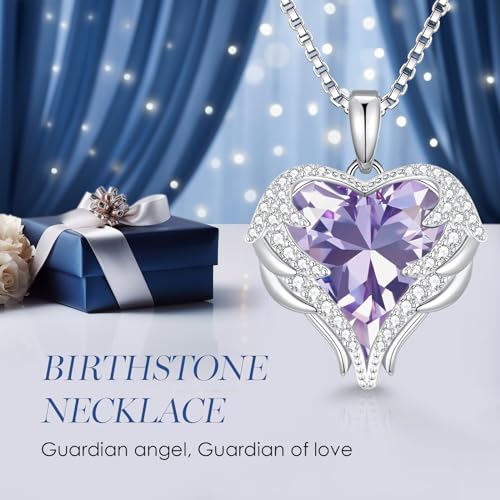 CDE Angel Wings Heart Birthstone Pendant Necklace Gift for Women | Silver/Gold Tone,Ideal Birthday & Anniversary Jewelry Gift for Wife,Girlfriend,Her - color: White-06-Alexandrite Light Purple Birthstone