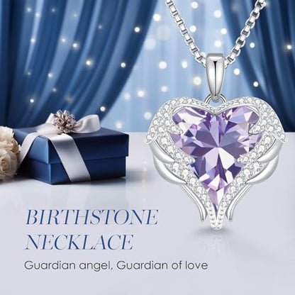 CDE Angel Wings Heart Birthstone Pendant Necklace Gift for Women | Silver/Gold Tone,Ideal Birthday & Anniversary Jewelry Gift for Wife,Girlfriend,Her - color: White-06-Alexandrite Light Purple Birthstone