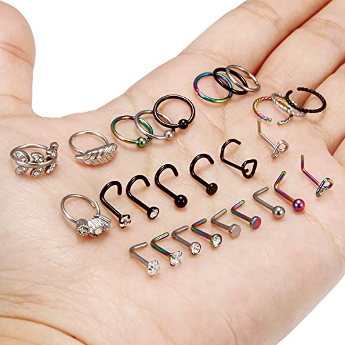 20G 18G 16G Nose Rings Studs 316L Surgical Steel Flat Back Threadless Push in Nose Studs Screw L-Shaped Nose Rings Tragus Cartilage Helix Earrings Piercing Jewelry for Women Men - color: Set E:20G(0.8MM)-Mix Color