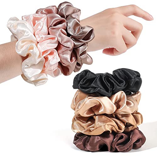 Ivyu Satin Hair Bands and Scrunchies: Thick Curly Hair Ponytail Holders for Girls, No Crease or Damage, Cute Brown Pink