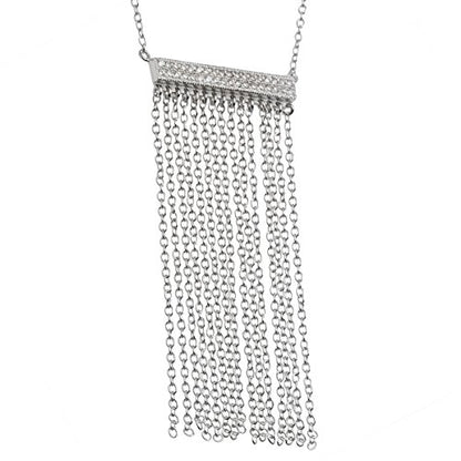 Horizontal Bar Necklace for Women, Sterling Silver or 14K Gold Plated Silver, Minimalist, CZ Diamond, Dainty Bar Pendant - Unique Jewelry Gift - style: Chain Fringe - Silver