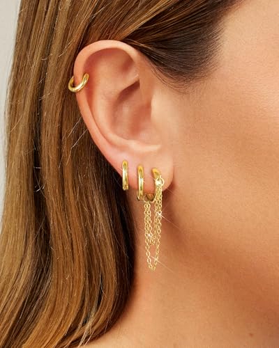 Tassel Chain Small Gold Hoop Dangle Earring For Women Huggie Earring Heart Star CZ 14K Gold Plated Fashion Jewelry Graduation Gift for Her Mothers Day Gifts for Mom - color: Gold-4 Pairs C