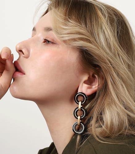 Ozel - Natural Wooden Acrylic Boho Drop Dangle Earrings for Women - Geometric Statement Jewellery - Brown, Black, Magent Red, Olive Green, White beige - color: 3Circle_Black