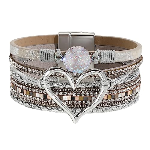 Womens Love Heart Leather Wrap Bracelet Multi-layer Stacked Bangle | Magnetic Clasp Soft PU Leather Resin Stone Rhinestone Boho Style Birthday Valentine Christmas Bohemian Jewelry Gift - color: Silver