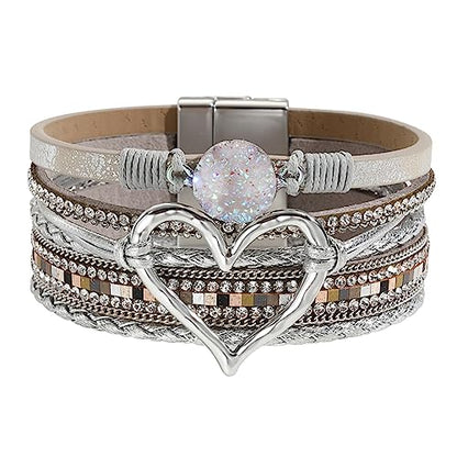 Womens Love Heart Leather Wrap Bracelet Multi-layer Stacked Bangle | Magnetic Clasp Soft PU Leather Resin Stone Rhinestone Boho Style Birthday Valentine Christmas Bohemian Jewelry Gift - color: Silver