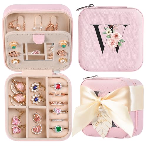 AYGXU Travel Jewelry Box for Women and Girls - Small Case With Initial A-Z - Teacher Gifts - color: pink, size: W