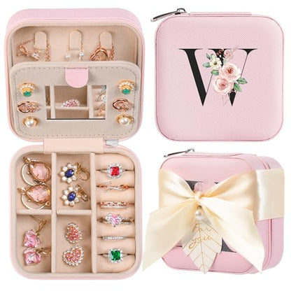 AYGXU Travel Jewelry Box for Women and Girls - Small Case With Initial A-Z - Teacher Gifts - color: pink, size: W