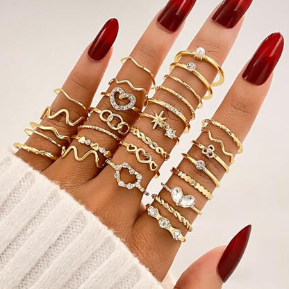 Gold Rings for Women Non Tarnish Stackable Rhinestone Moon Star Rings Dainty Stacking Pearl Butterfly Midi Pinky Thumb Joint Finger Knuckle Ring Set Gold Non Tarnish Jewelry Gifts Trendy Stuff - color: C Gold Stackable Rings 28Pcs