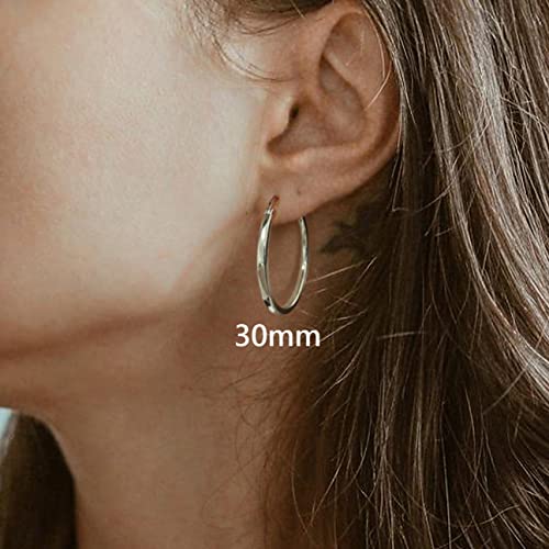 18K Gold Plated Hoop Earrings - 925 Sterling Silver Hoop Earrings Womens Hypoallergenic Hoops | Square Tube Hoop Earrings for Women 15mm/20mm/30mm/40mm - color: Silver 30mm