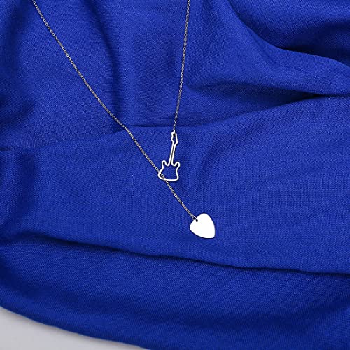 18K Gold Plated Stainless Steel Bee Honeycomb Pendant Necklace, Adjustable Y Lariat Conch/Guitar/Horseshoe Necklace for Women - color: Silver, style: Guitar
