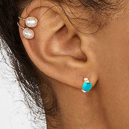 Tiny Huggie hoop Earrings for Women | 14k Gold Plated, Mini Round Cubic Zirconia, Small Simulated Diamond Huggies, Hypoallergenic Jewelry Gifts - color: White Gold-Turquoise