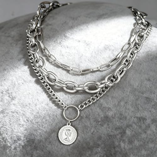 Gold Chunky Layered Coin Necklaces for Women Trendy Cuban Link Paperclip Chains Necklace Stack Coin Pendant Necklace Set Jewelry Gifts - color: Silver