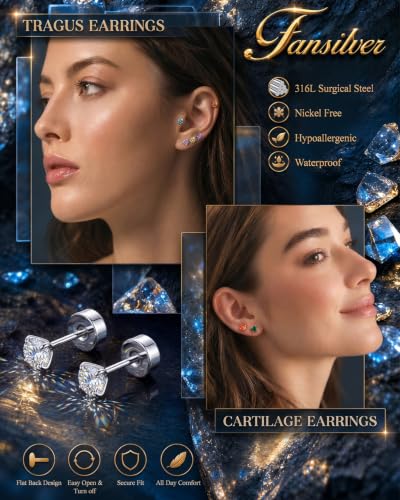 Fansilver 20G Hypoallergenic Flat Back Earrings for Women Men Silver 14K Gold Stainless Steel Stud Earrings Birthstone Cubic Zirconia Studs Surgical Steel Cartilage Earrings for Sensitive Ears - color: Silver Multi