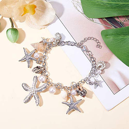 PH PandaHall Starfish Shell Anklet Bracelets, 7" Mermaid Bracelets Conch Starfish Pearl Anklet Bracelet Charm Bohemian Adjustable Shell Bracelet Mermaid Costume Jewelry for Women Christmas, Silver - color: Silver Bracelet