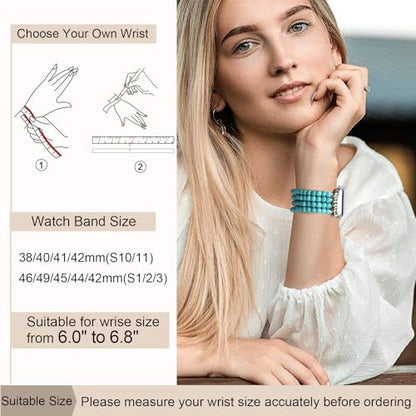 Newlibery Natural Stone Bracelet Beaded-Bands Women Compatible with Apple Watch 38mm 40mm 41mm 42mm (S10/11) Feminine Cute Handmade Stretch Strap for iWatch Series 11/10/9/8/7/6/5/4/3/2/1 SE 3/2/1 - color: B1 Matt Green Turquoise, size: 38/40/41/42mm(s10/