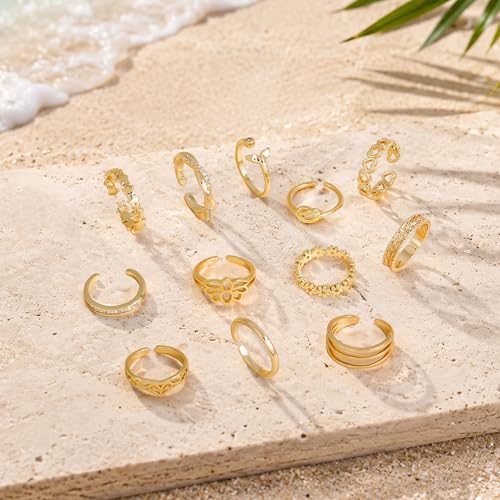 Honsny 12PCS Gold/Silver Toe Rings for Women Adjustable Non Tarnish Ring | Stackable Rings for Women, Toe Ring Set, Open Band, Flower Cubic Zirconia Rings, Beach Summer Foot Jewelry, 14K Gold Plated - color: Silver
