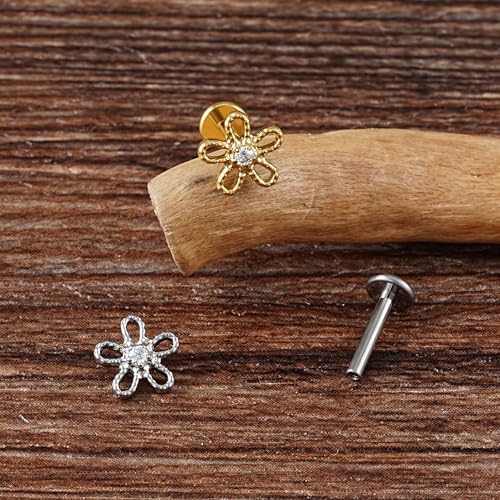 FINE4U 1PC ASTM F136 Titanium 16G Flatback Stud for Tragus, Helix, Conch 6mm 8mm - Screw on Cartilage Earring Piercing Jewelry - color: Flower - Tit