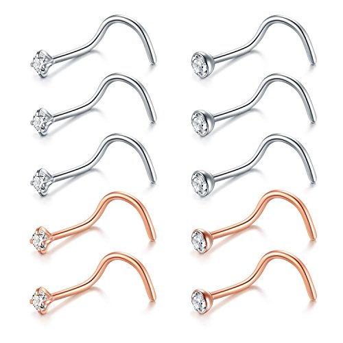 Briana Williams Nose Studs Nose Rings for Women 18G 20G Corkscrew Nose Ring Stainless Steel Nose Screw Studs Nose Rings Studs Surgical Steel Nostril Nose Piercing Jewelry - color: A -20g, silver & rose gold