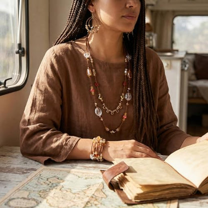 Bocar Bohemian Handmade Beaded Jewelry Set for Women 3 Pcs Layered Necklace Hoop Earrings Wrap Bracelet Set Boho Summer Vacation Jewelry Gift (NK-10834) - color: Brown