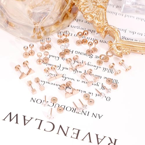 18Pairs 20G 18G Stainless Steel Tiny Stud Earrings for Women Cartilage Helix Earrings Ball Star CZ Earrings - color: Rose Gold, size: 20G