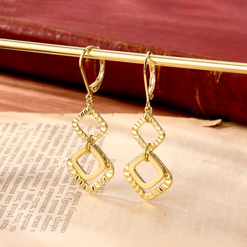 ALEXCRAFT Gold Hammered Double Circle Leverback Dangle Earrings | Hypoallergenic, Drop Handmade, Hammered Round, Minimalist Boho - color: B-14k Gold