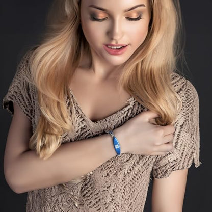 LinnaLove Fashion Shiny medical alert bracelet with Free Engraving Stainless steel Medical id bracelet for Women - color: Blue