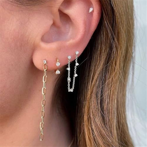 Zircons Stud Earrings For Women Double Studs Chain Tassel Piercing Earring 18K Gold Plated Cartilage Cubic Zirconia Two Hole Wedding Climber Crawler Wrap Earrings Threader Dangle Eternity Gift Mom Bff - color: Silver