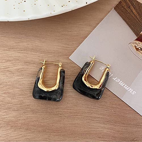 Chunky Clear Retro U Shaped Hoop Minimalist Square Resin Huggie Earrings for Women - color: Black