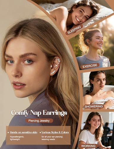 ZELORES Cartilage Earrings for Women Hypoallergenic Surgical Steel Flat Back Stud Earrings Set 18K Gold Plated Push in Nose Studs Screw on Lip Labret Helix Tragus Piercing Jewelry 16G 18G 20G