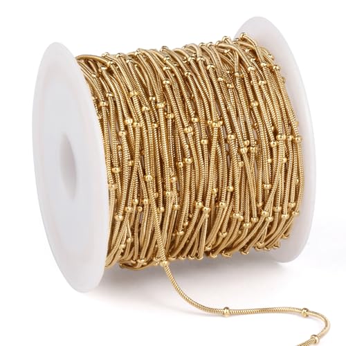 33FT 1mm Gold Snake Chain Roll Gold Satellite Chain Bulk for Jewelry Making | 18K Gold Plated Stainless Steel Beaded Round Snake Chain Spool for DIY Craft Necklace - color: Small Beads Gold Satellite Snake Chains