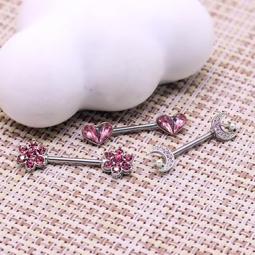 14G Nipple Rings for Women 316L Stainless Steel Heart,Butterfly,Moon,Devil,Flower Nipple Barbell CZ Nipple Rings Set Nipplerings Piercing Jewelry - color: PINK 1