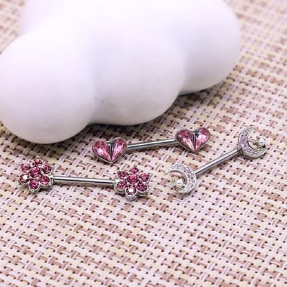 14G Nipple Rings for Women 316L Stainless Steel Heart,Butterfly,Moon,Devil,Flower Nipple Barbell CZ Nipple Rings Set Nipplerings Piercing Jewelry - color: PINK 1