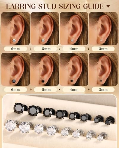 ORAZIO 6Pairs Hypoallergenic Flat Back Earrings 316L Stainless Steel Studs for Sensitive Ears, 3-8mm Cubic Zirconia, Stylish Jewelry for Women Men - Silver - color: Silver/Black Plating