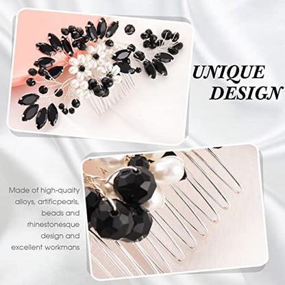 5 Pieces Wedding Hair Comb Bridal Pins Crystal Pearl Wedding Hair Accessories Rhinestone Flower Piece for Bride Bridesmaids Women(Black) - color: Black