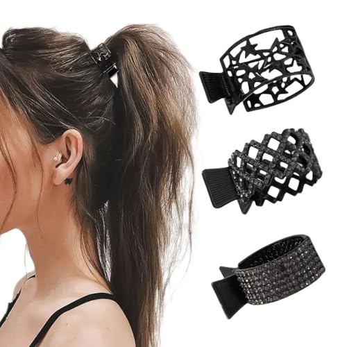 3-Piece Black Hollow Design Hair Tie Set - Star Cutout, Lattice & Rhinestone Styles, Perfect for Ponytails & Party Hairstyles