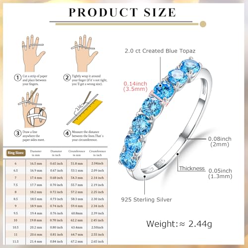 Birthstone Wedding Band Eternity Rings 925 Sterling Silver Rings Stackable Anniversary Engagement Rings Cubic Zirconia Inlaid Created Garnet/Amethyst/Sapphire Ring 7 Stone Ring, Size 6 to 10 - color: Blue Topaz