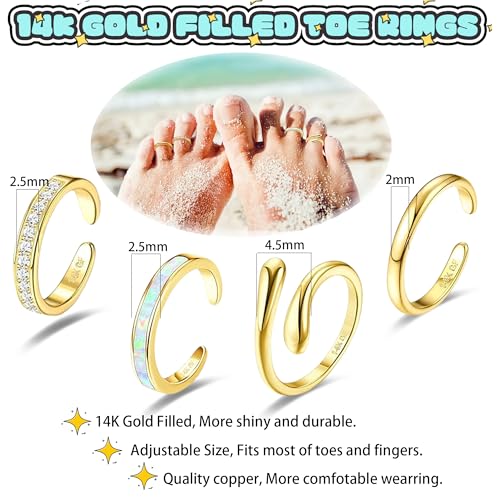 LOFITOR 4PCS Gold Toe Rings for Women Non Tarnish Waterproof Toe Ring Set | 14K Gold Filled Dainty Stackable Cute Thin Adjustable Open Band Toe Ring Cz Foot Jewelry For Beach Summer Hawaiian - style: Opal Style