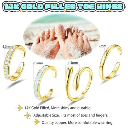 LOFITOR 4PCS Gold Toe Rings for Women Non Tarnish Waterproof Toe Ring Set | 14K Gold Filled Dainty Stackable Cute Thin Adjustable Open Band Toe Ring Cz Foot Jewelry For Beach Summer Hawaiian - style: Opal Style