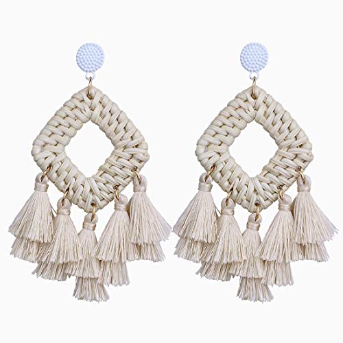 Bohemia Tassel Earrings Statement Handmade Dangle Ethnic Fringe Earrings Bamboo Weaving Geometric Square Sector Gifts for Women - color: A white