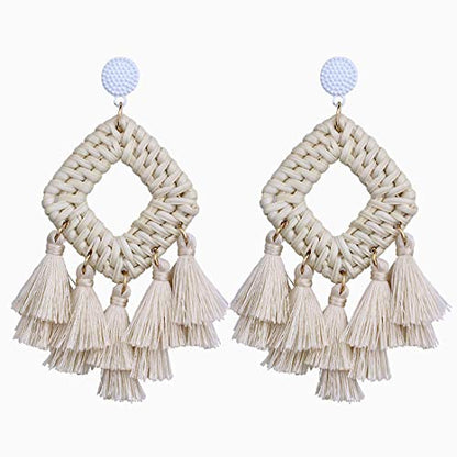 Bohemia Tassel Earrings Statement Handmade Dangle Ethnic Fringe Earrings Bamboo Weaving Geometric Square Sector Gifts for Women - color: A white