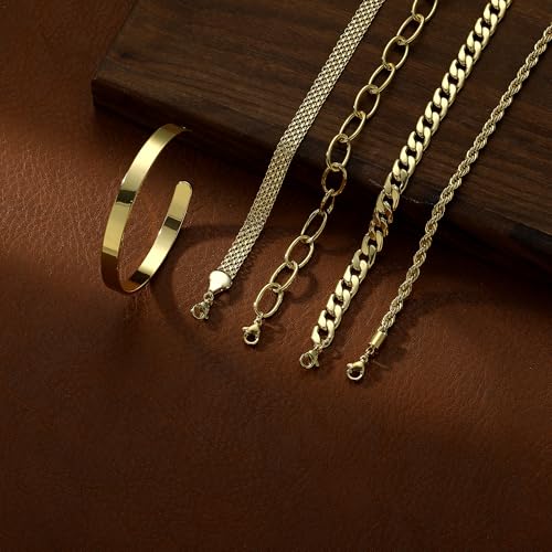Dainty Bracelet for Women 14K Gold Plated Cross Pearl CZ Leaf Bracelets Set Gold Layering Bracelets Everyday Jewelry - color: 5 Layer Cuff Set -GD