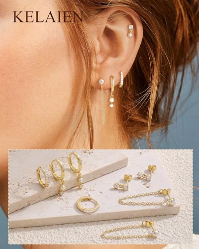 Gold Silver Earrings for Women Trendy 14K Gold Plated Dangle Hypoallergenic Cartilage Earrings Small 925 Sterling Silver Post Dainty Hoop Drop Pearl Earring Stacks Set Huggie Chain Earrings Jewelry - color: A-Pearl Earrings-Gold