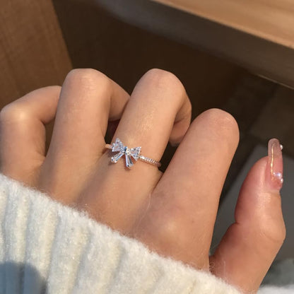 2Pcs Bow Rings for Women Elegant Sweet Coquette Ribbon Bowknot Rings Silver Dainty Crystal Bow Rings Minimalist Cute Statement Ring Adjustable Open Ring Trendy Christmas Birthday Jewelry Gift