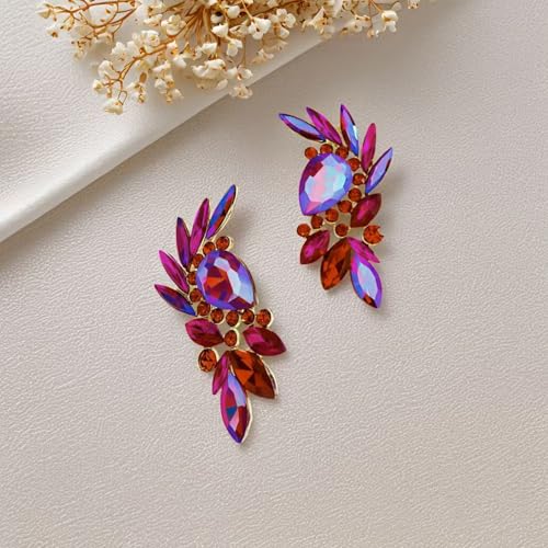 Bohemian Dainty Sparkly Crystal Teardrop Flower Dangle Drop Earrings Unique Lightweight Glitter Rhinestone Geometry Floral Stud Earrings For Women - style: Rose Red
