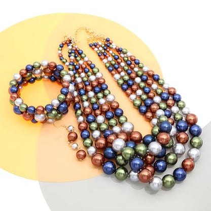 Faux Big Pearl Srand Necklaces for Women 5 Layers Pearls Choker Bib Collar Necklace Bracelet and Earrings set 1920s Costume Pearl Jewelry Bridal Wedding - color: colorful navy blue