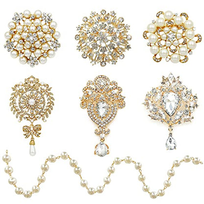 Rhinestone Brooches Crystal Brooch Pins, Pearl Crystal Wedding Bouquet kit Set - color: Gold-Classic Kit-6pcs